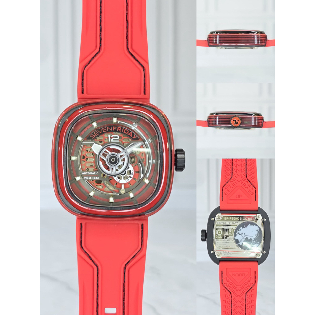 seven friday jam pria automatic strap merah dial ukuran 47mm