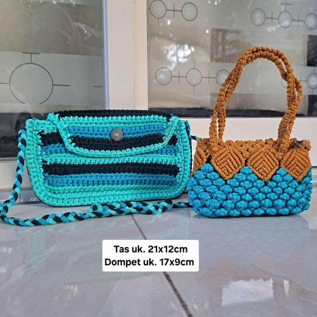 Paket Hemat Tas Selempang Rajut Tali Kur Anyam Tutup Set Dompet Talikur / Grosir Tas Rajut TaliKur
