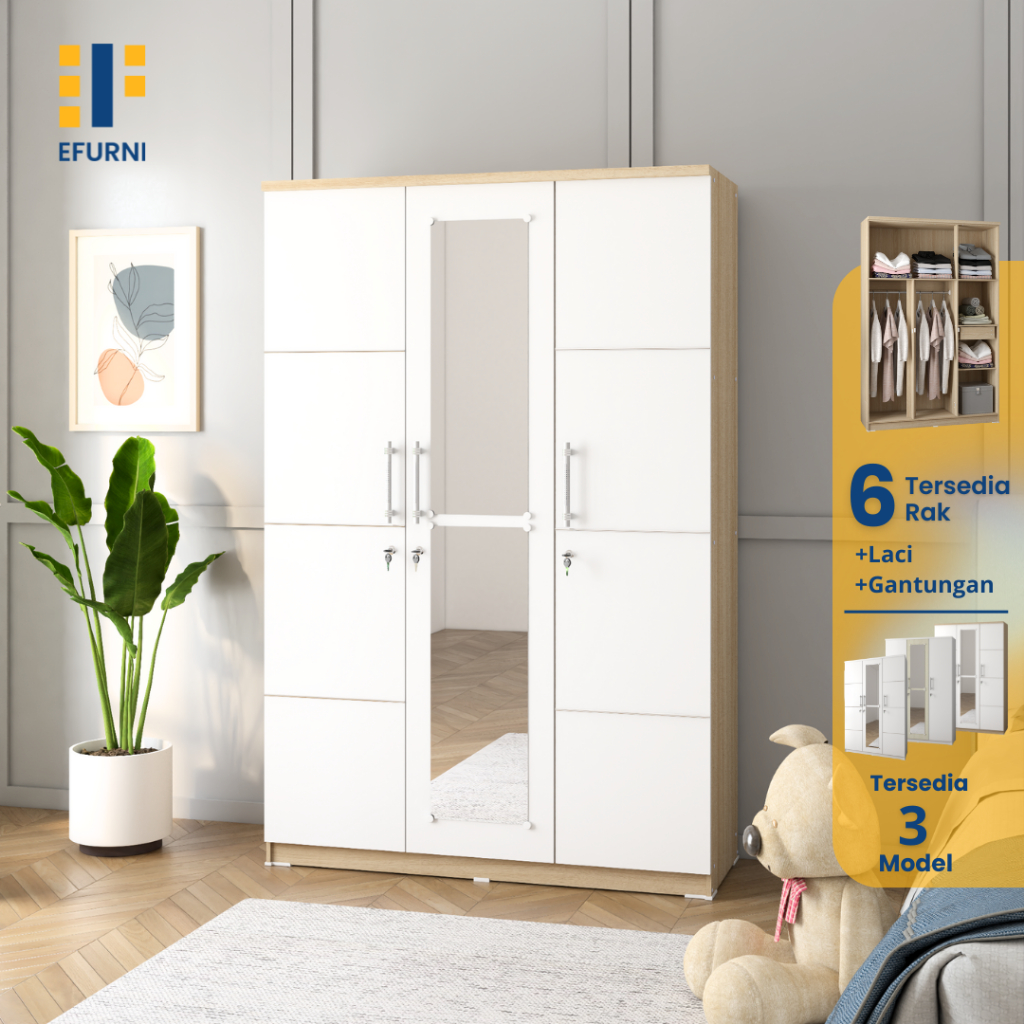 EFURNI Lemari Pakaian 3 Pintu Almari Pakaian Kayu / Almari Baju / Lemari Baju / Rak Baju Gamis / CAM