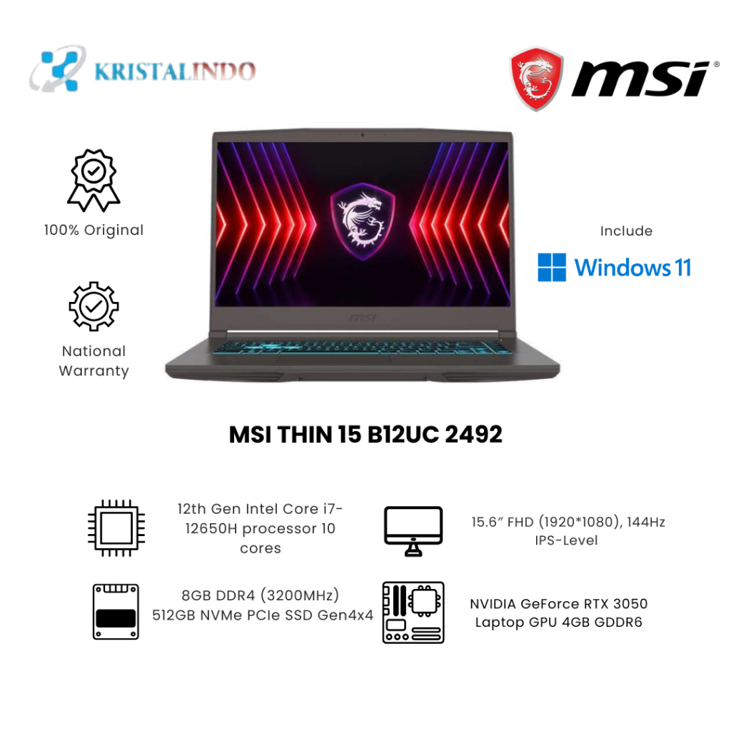 MSI Thin 15 B12UC (2492) Intel Core i7-12650H - RTX 3050 - 8 GB - 512 GB SSD - 15.6 FHD