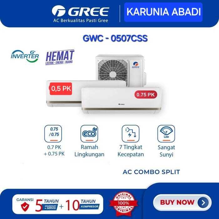GREE AC COMBO SPLIT - INVERTER - PUTIH [2 INDOOR 0.5 PK + 3/4 PK & 1 OUTDOOR] MODEL GWC-0507CSS