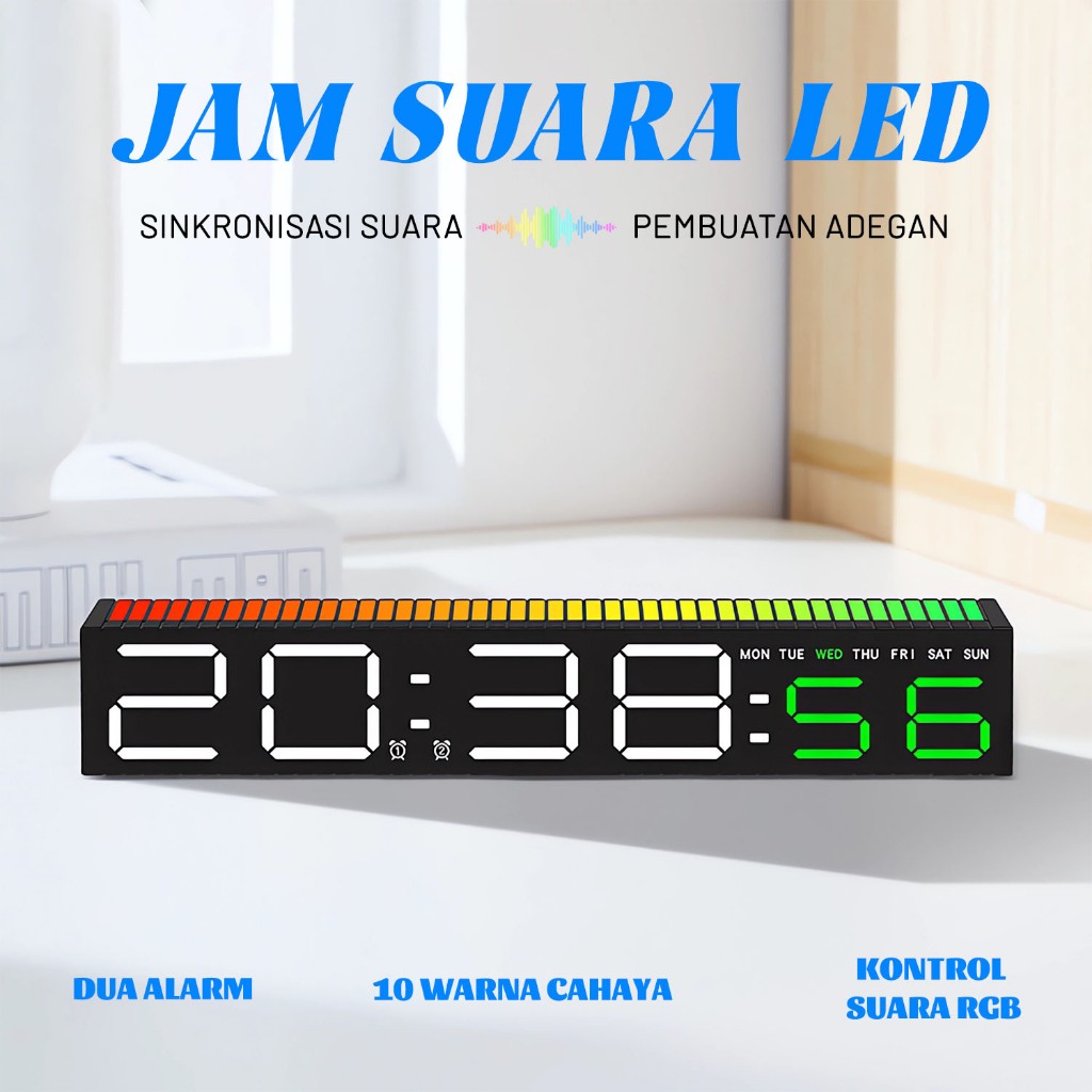 Jam Alarm Digital dengan Lampu Malam 10 Warna, Musik Sinkronisasi, 2 Alarm, Snooze, Kecerahan Otomat