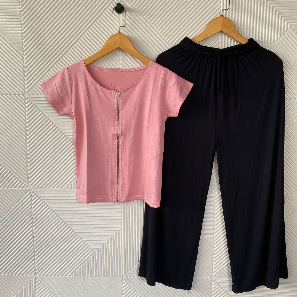Setelan Celana Panjang Wanita / Set Atasan Zipper Tangan pendek / One set Kaos Resleting Depan Crop