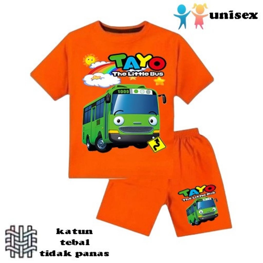 setelan baju anak laki-laki perempuan baju kaos anak laki-laki perempuan motif Tayo mobil bus umur 6