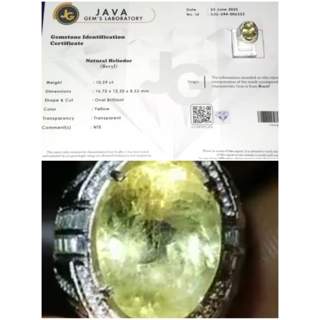 Natural Rare item Heliodor Beryl 10,59 Crt + Sertifikat, Kode A54
