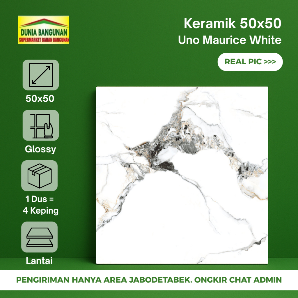 Keramik Lantai Cutting Glossy Calacatta UNO Maurice White 50x50 KW1