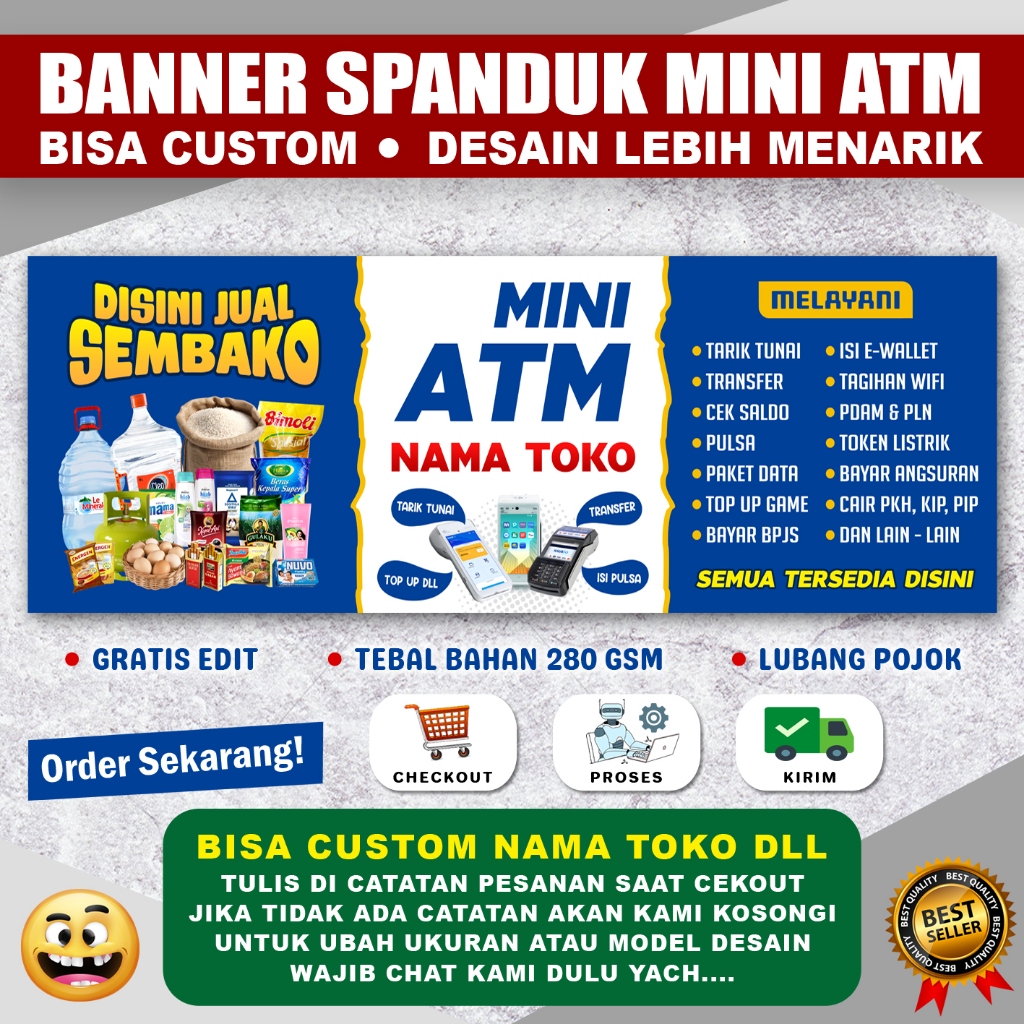 Banner Spanduk Mini ATM Agen BRILink Toko Sembako Ukuran Jumbo Tebal Bahan 280 gsm