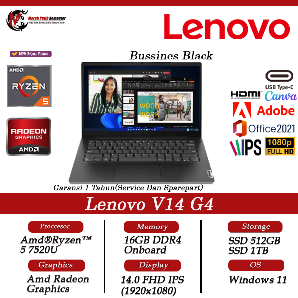 Laptop Gaming Lenovo V14 G4 Ryzen 5 7520U 16GB DDR5 1TB SSD 14 FHD Windows11 Original