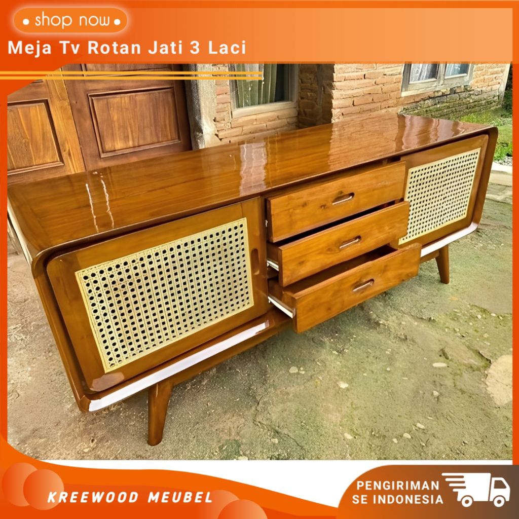 MEJA TV ROTAN MINIMALIS KAYU JATI 3 LACI / MEJA TV PINTU ROTAN 3 LACI