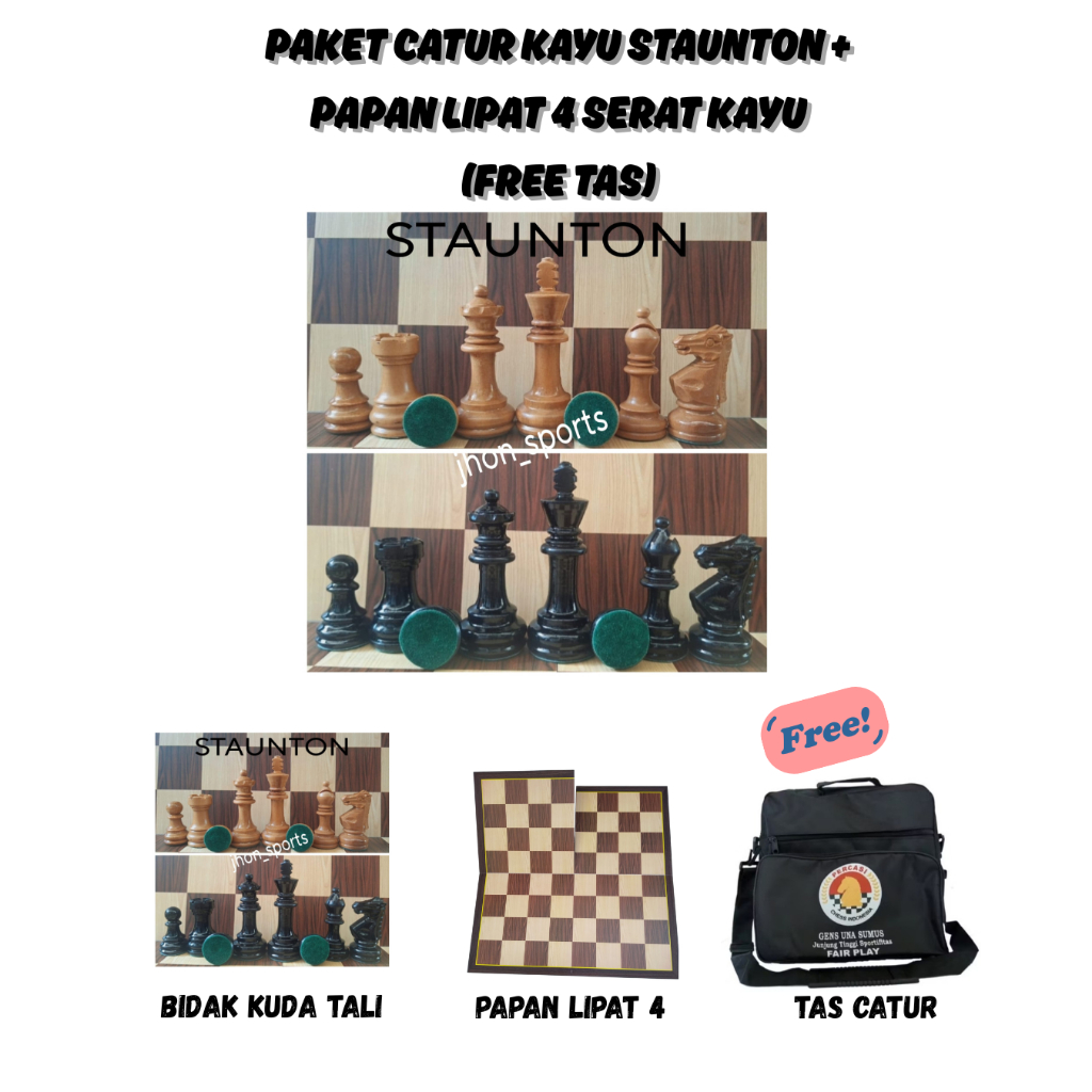 PAKET CATUR LENGKAP  KAYU SAWO MODEL STAUNTON DAN PAPAN LIPAT 4 FREE TAS CATUR MENTRI 2