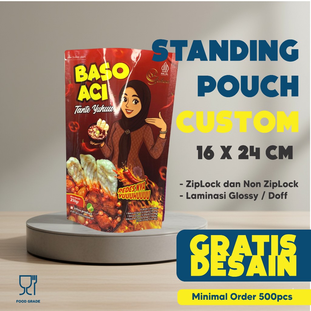 JASA CETAK KEMASAN STANDING POUCH 16x24CM PLASTIK METALIZE PAPER SACHET CENTER SEAL GUSSET KUSTOM UN