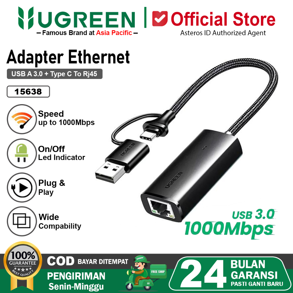 UGREEN USB Type-C To Lan RJ45 Ethernet Adapter 100Mbps - 1000Mbps For Windows Mac Os 15638