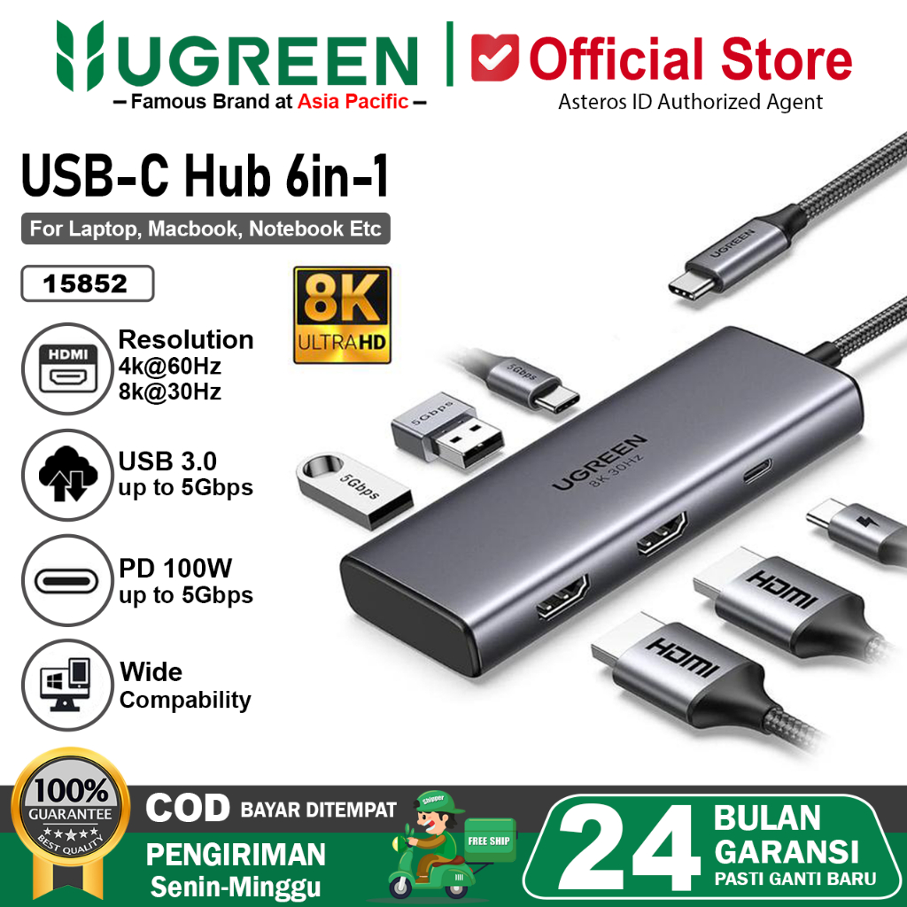 UGREEN Hub 6IN1 Type C to Dual HDMI 8K/30Hz 4K/60Hz USB 3.0 PD 100w Fast Charging 15852