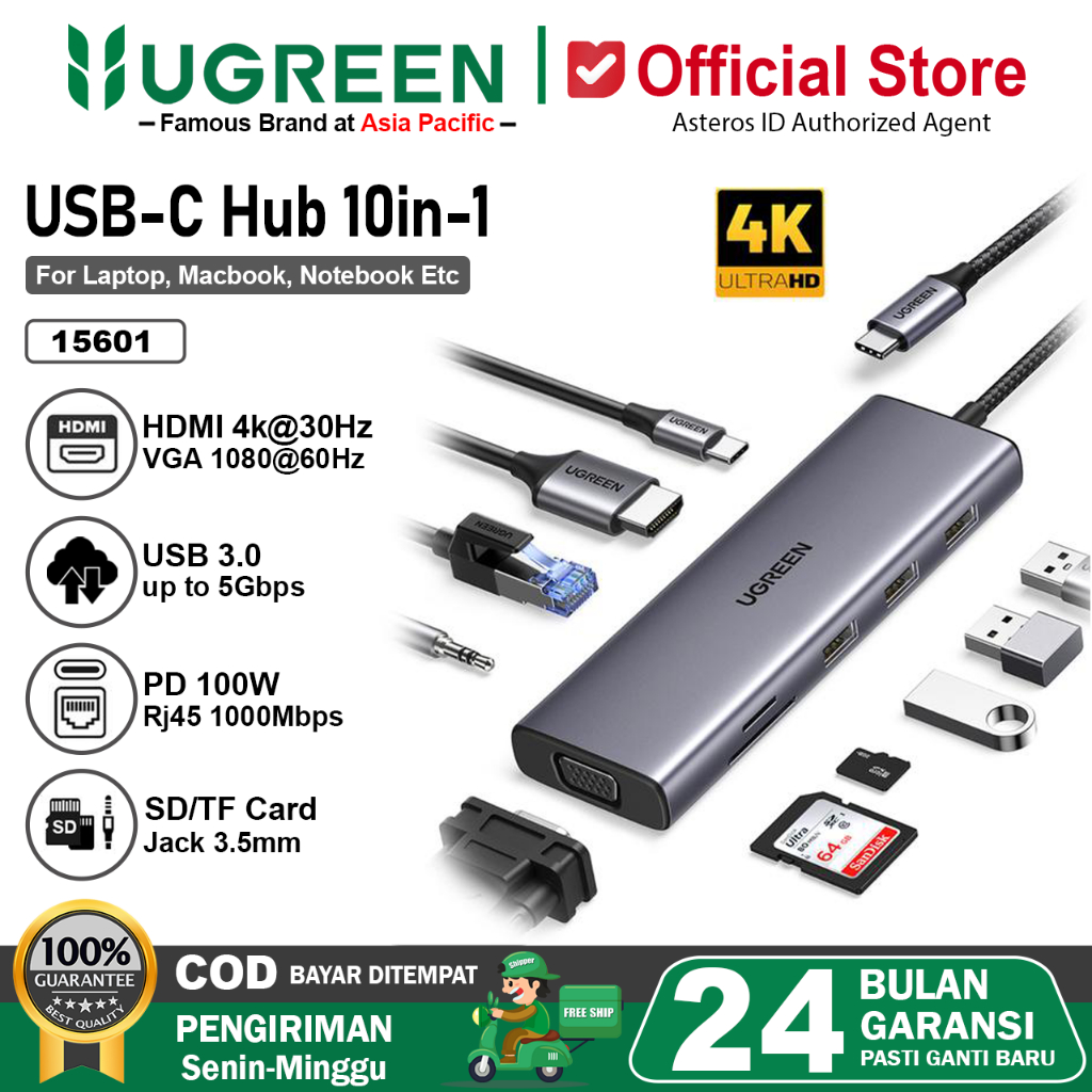 UGREEN USB Hub Type C To RJ45 HDMI 4K VGA SD Card Aux 3.5mm 15601