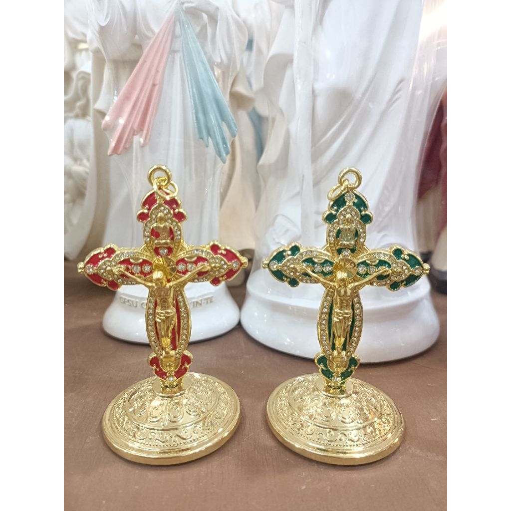 Salib Duduk Putar Ukir Gold 8cm L28/15 - Salib Duduk - Salib Mini - Salib Mobil - Pajangan Salib Mob