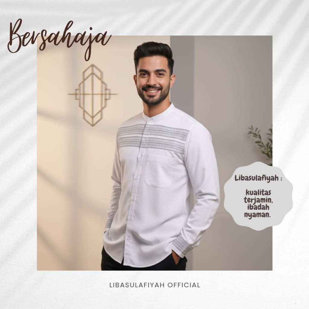 Baju koko Kemeja Sanghai Katun Songket Putih Polos Pria Dewasa Lengan Pendek  - Baju koko putih polo