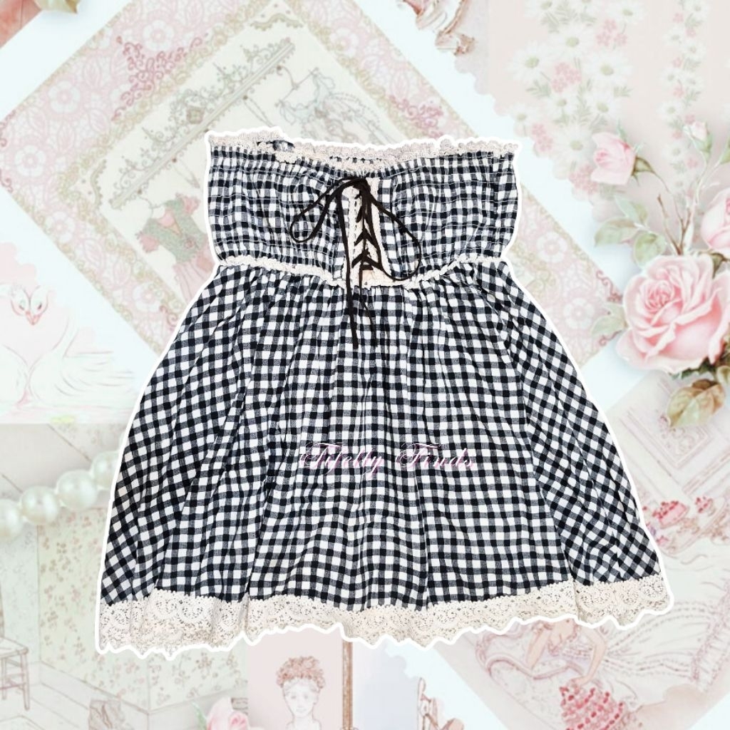 INGNI black gingham camisole kemben tank top coquette tail bow vintage sawako shoujo fatal frame dow