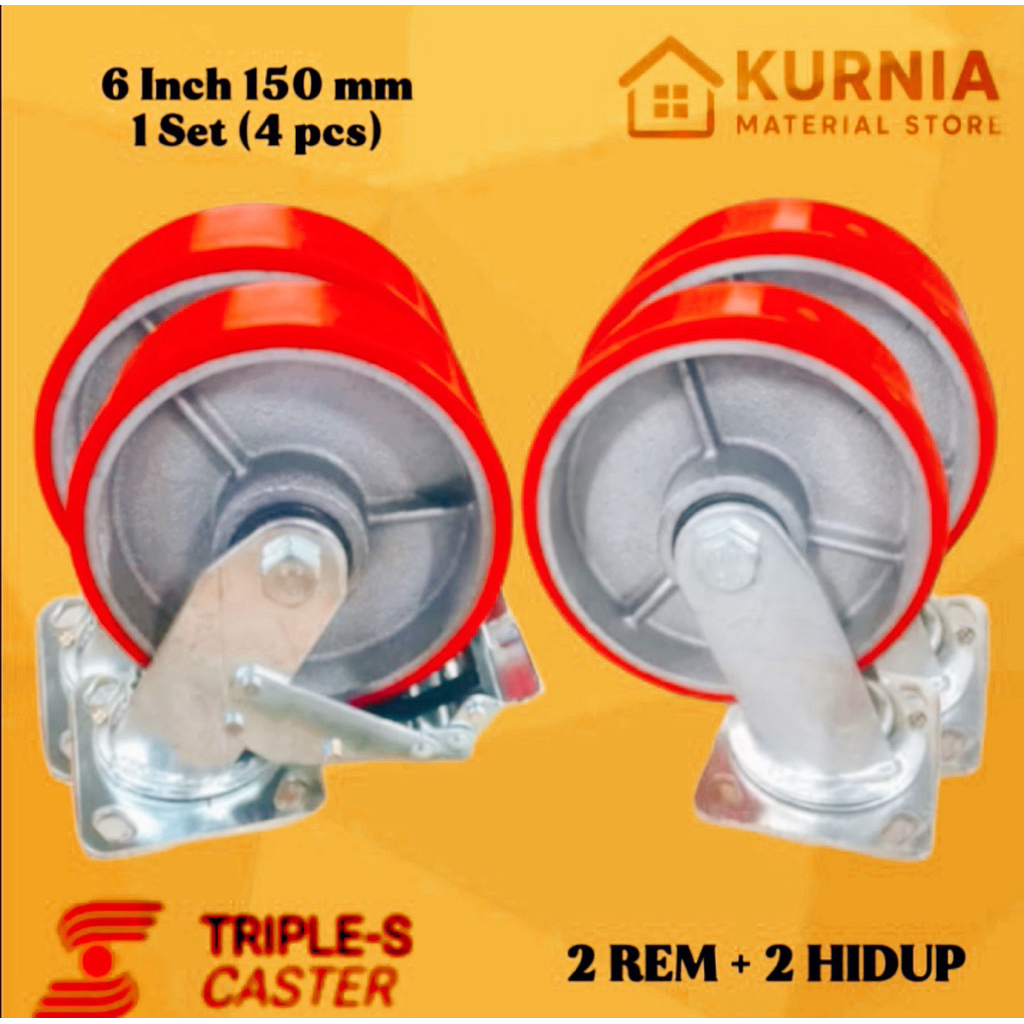 (4pcs) Roda troli 6 inch 150 mm PU Heavy Duty (2 Rem + 2 Hidup)