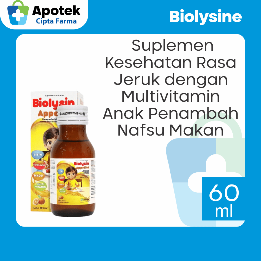 Biolysin Appetite Rasa Jeruk 60 ml L Lysine Vitamin A Vitamin B1 Vitamin B2 Vitamin B3 Vitamin B5 Vi