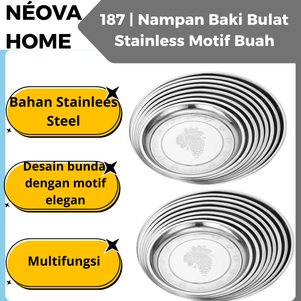 Nampan Baki Bulat Stainless Motif Buah Anggur 28–34 CM Anti Karat Serbaguna