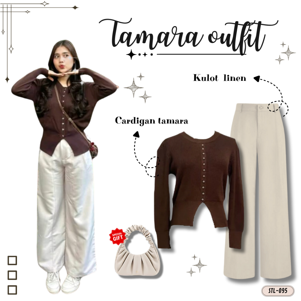 oneset  3in1 Tamara  Korean style Kulot linen + Cardigan tamara + Shoulder bag OOTD Hangout Simple M