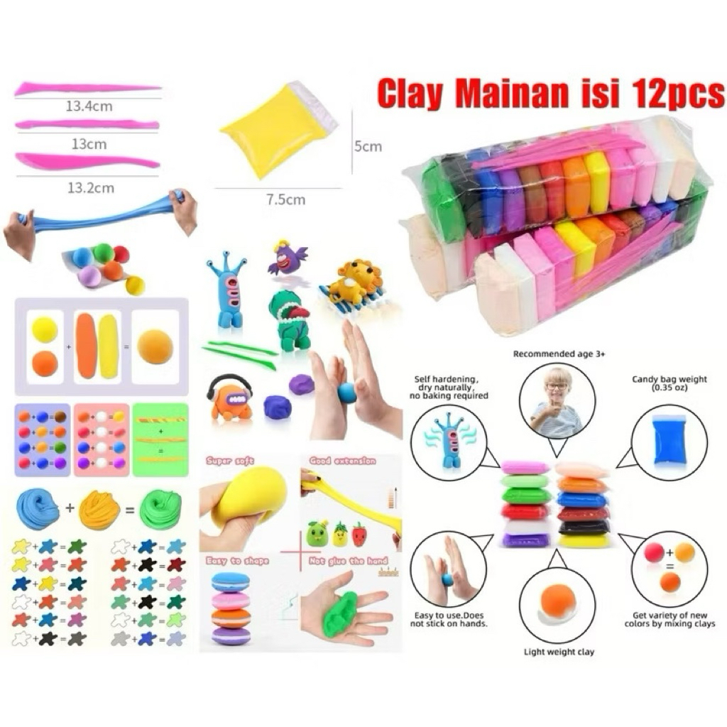 (GROSIRAN) Clay Mainan Anak Isi 12 Pcs Clay 12 Warna Clay Polymer Warna Warni Mainan Slime Lilin Pla