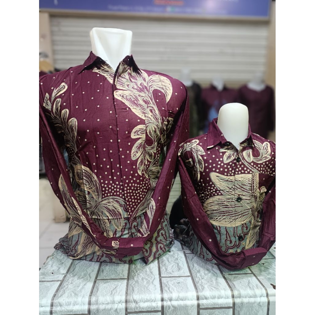 set batik ayah dan anak merah maroon lengan panjang