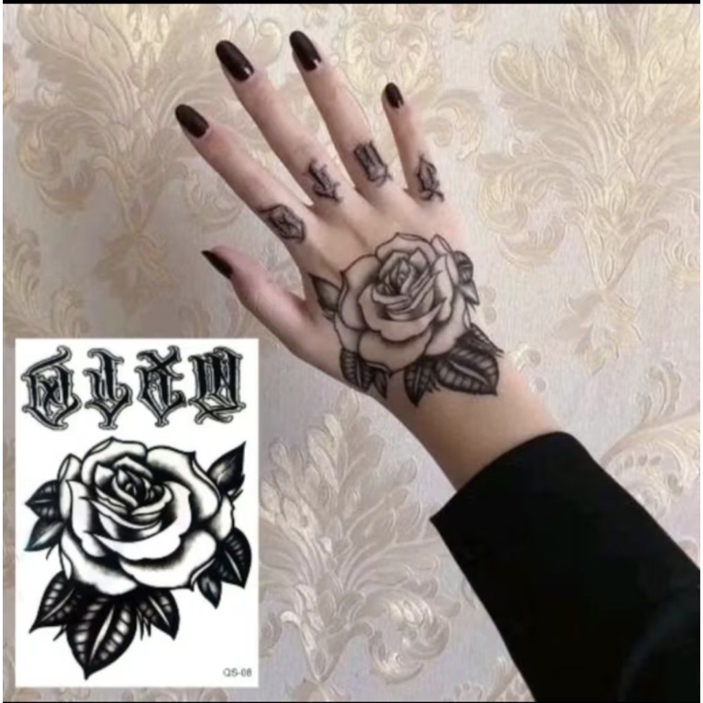 Tato Temporary MAWAR HITAM PUNGGUNG TANGAN Qs_08 Tato Tempel Tahan Air Sementara