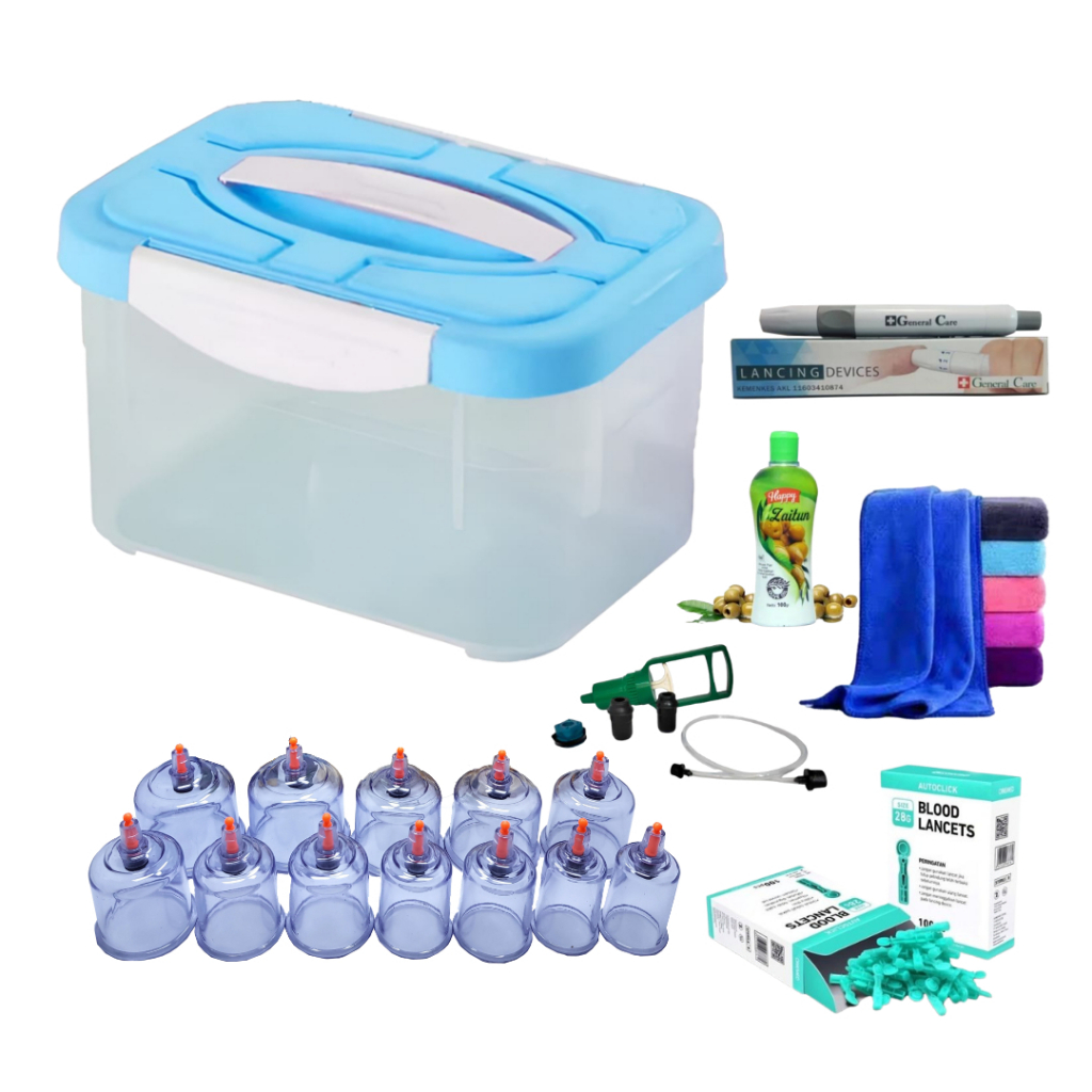 KOP ANGIN 12 CUP ALAT BEKAM LENGKAP DENGAN PEN JARUM BEKAM DAN MINYAK PIJIT ZAITUN