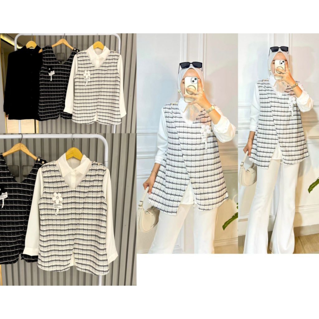 Kemeja Set Vest Knit Import Wanita 2 IN 1 Kemeja Vest Atasan Wanita