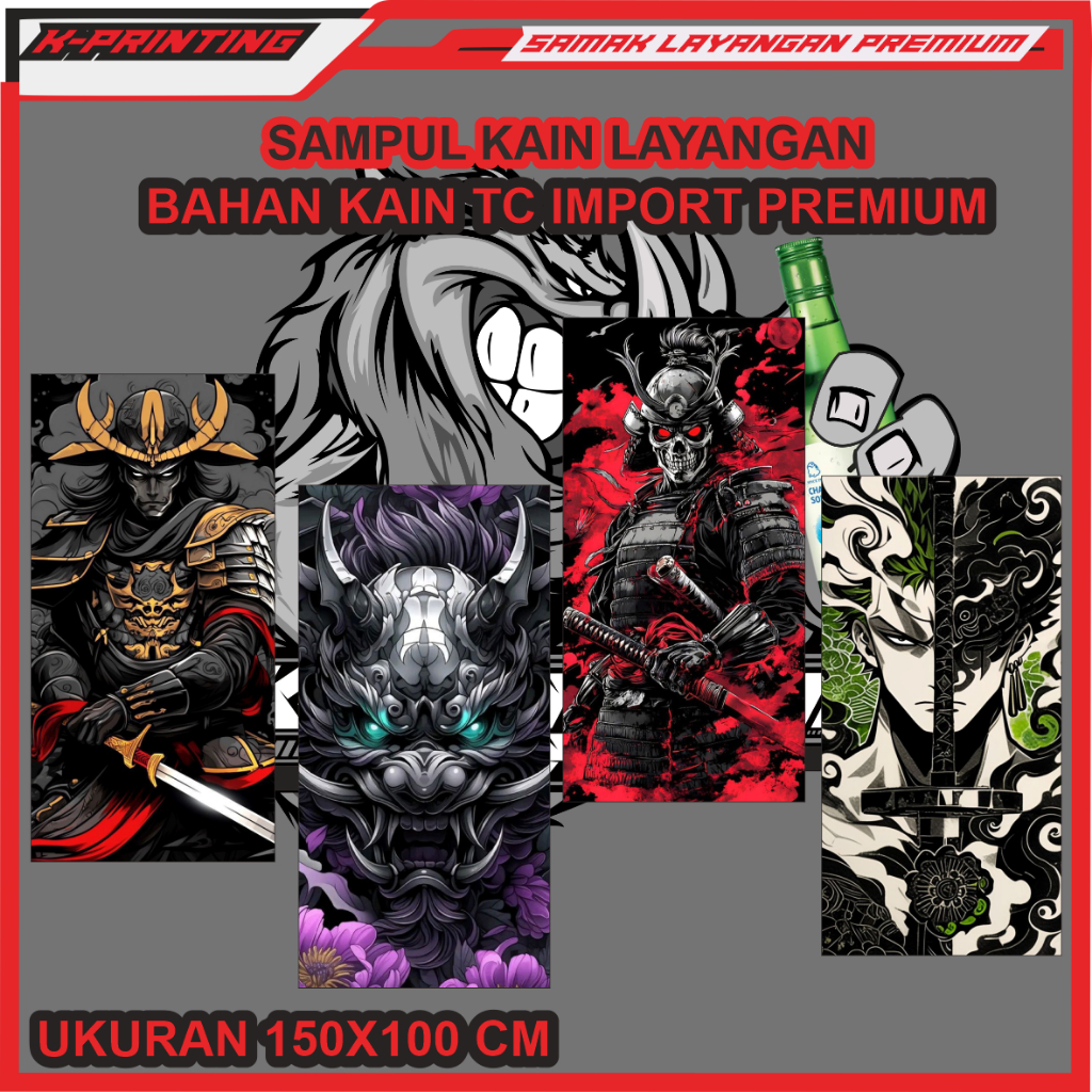 SAMPUL KAIN LAYANGAN SAMAK LAYANG LAYANG GAMBAR SAMURAI BAHAN KAIN TC IMPORT PREMIUM FULL PRINT MURA