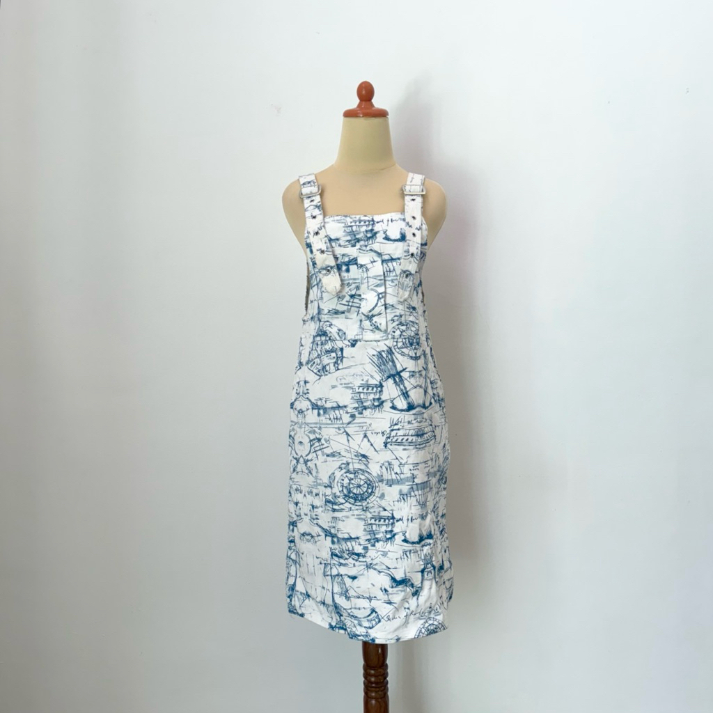 𝙋𝙍𝙀𝙇𝙊𝙑𝙀𝘿 White Blue Printed Denim Jeans Sleeveless Midi Dress Motif Fashion Wanita
