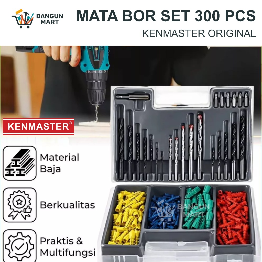 Mata Bor 300pcs Set KENMASTER Kayu, Besi, Beton, Obeng, Mata Bor Set + Fisher Mata Bor 1 Set Lengkap