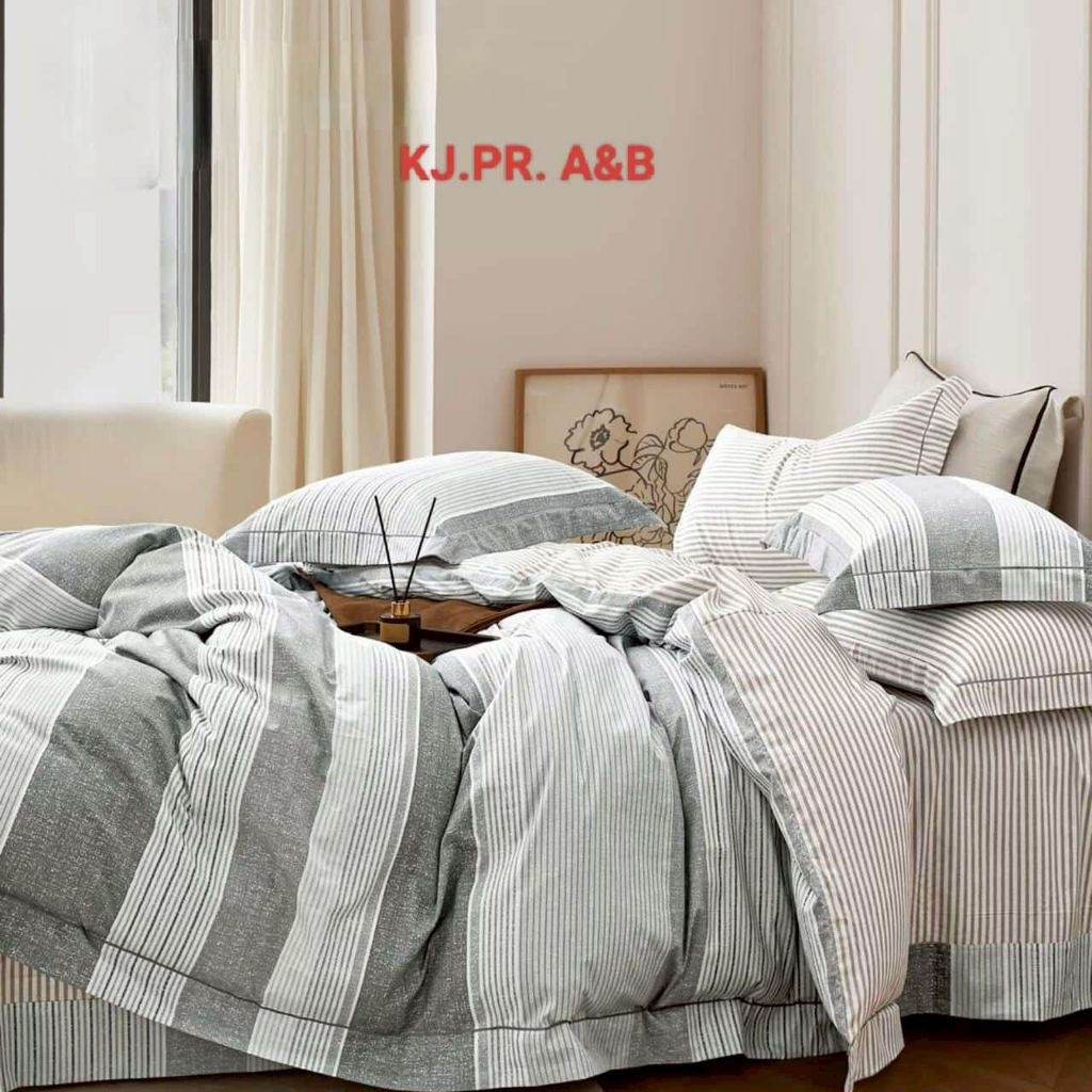 Sprei Set Anti Geser Katun Jepang motif Salur Grey