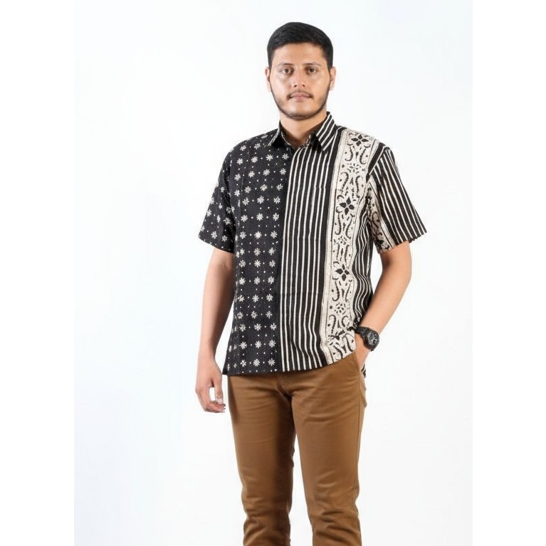 Kemeja Hem Batik Pria Lengan Pendek Hitam Putih 06 - Batik Nulaba