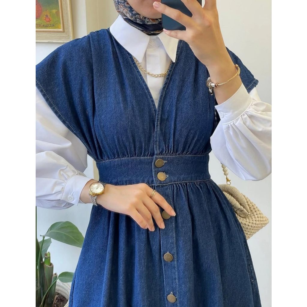 Clara Denim Set  / Setelan Wanita Kekinian Korea One Set hijab / Dress Kondangan Simpel Elegant / Se