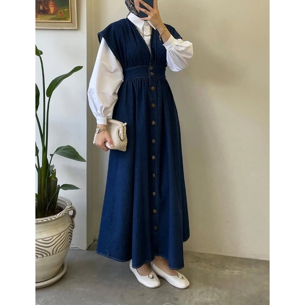 Clara Denim Set Gamis Set Wanita Dress+Kemeja Bahan kemeja toyobo mix Jeans premium Model Terbaru SC