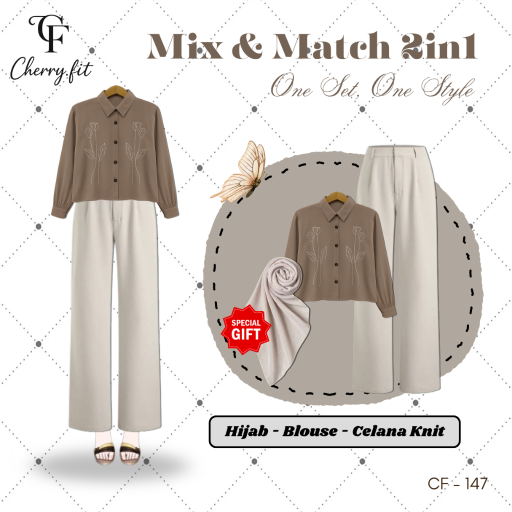 Outfit One Set Wanita Kekinian ( Blouse -  Celana Kulot - Jilbab ) OOTD Hijab Style - CF147