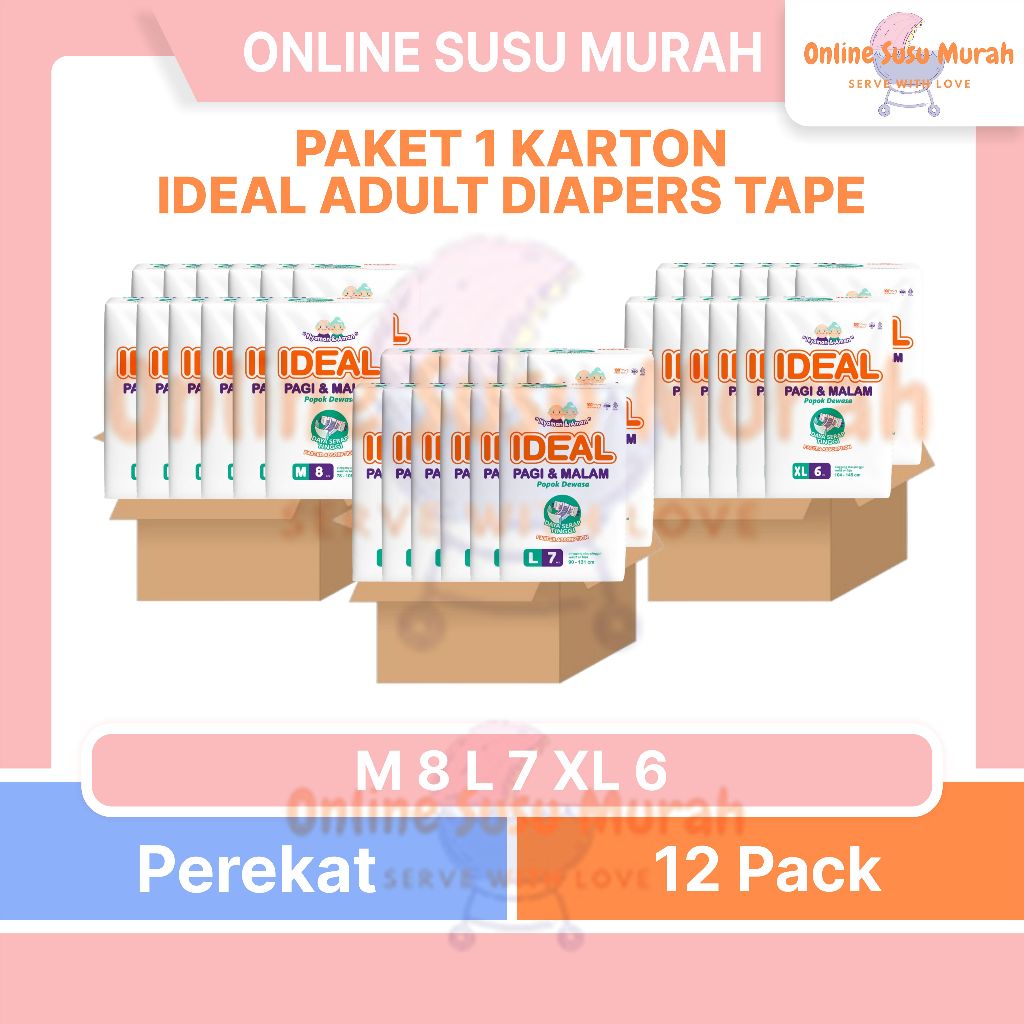 IDEAL PAKET 1 KARTON 12 BALL ADULT DIAPERS TAPE M8 L7 XL6 POPOK DEWASA PEREKAT M8 L7 XL6 PPKS