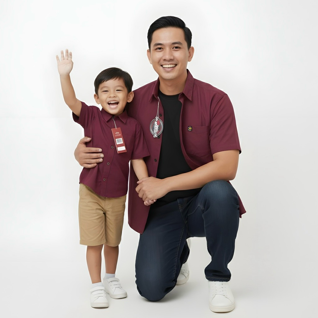 Burgundy Kemeja Polos Couple Ayah Anak Warna Burgundy / Merah Keunguan Lengan Pendek Baju Couple Kel