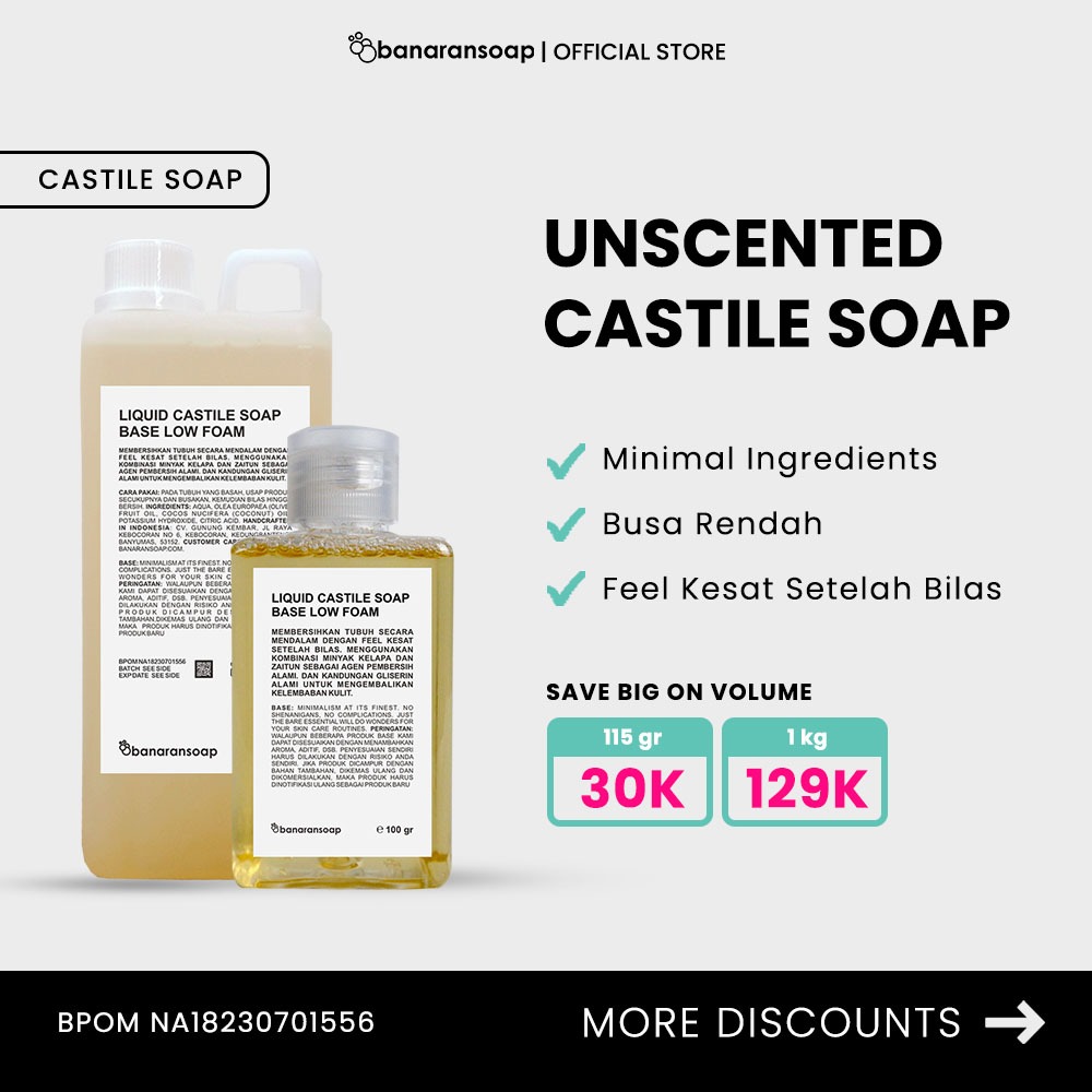 Liquid Castile Soap Base Low Foam Unscented 100% Natural