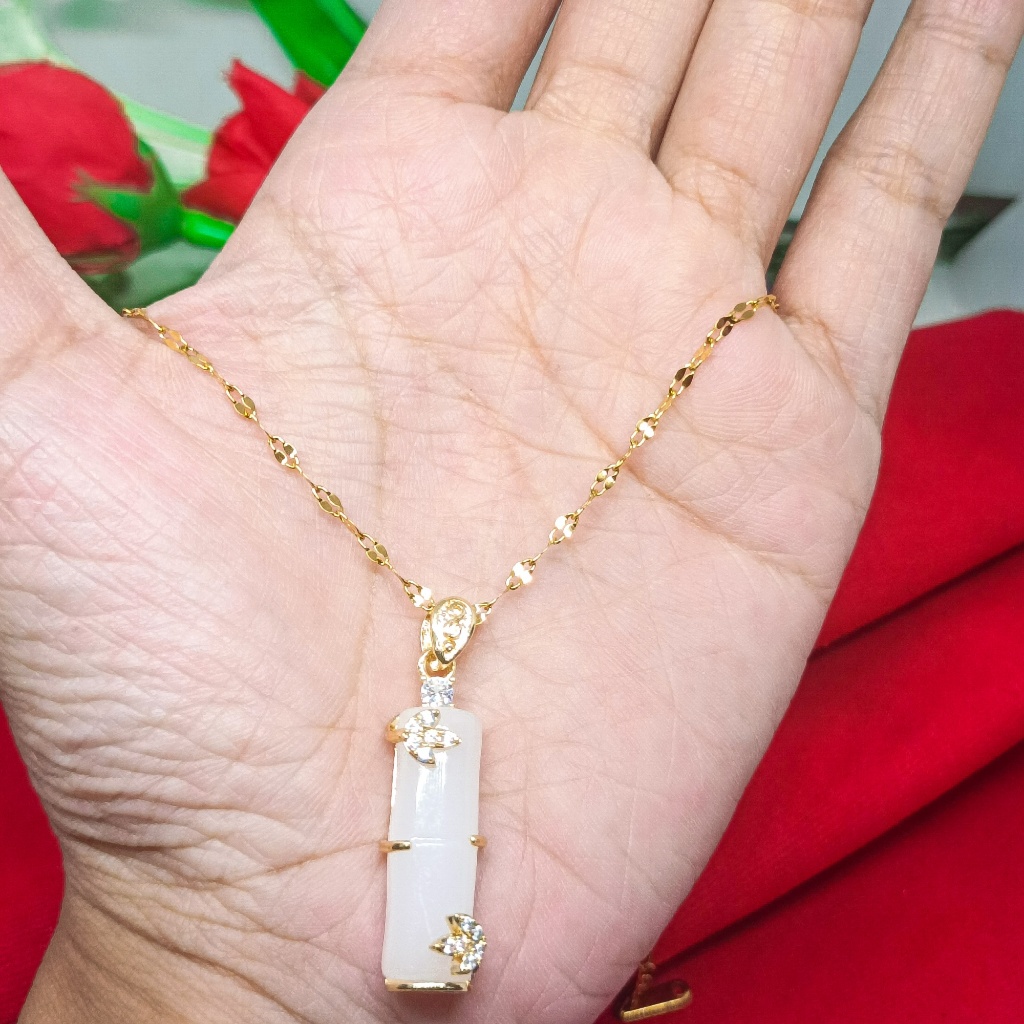 Jewelry Kalung Bambu Giok Putih Panjang 45cm Titaniun Wanita Permata Perhiasan Elegant Fashion Mewah