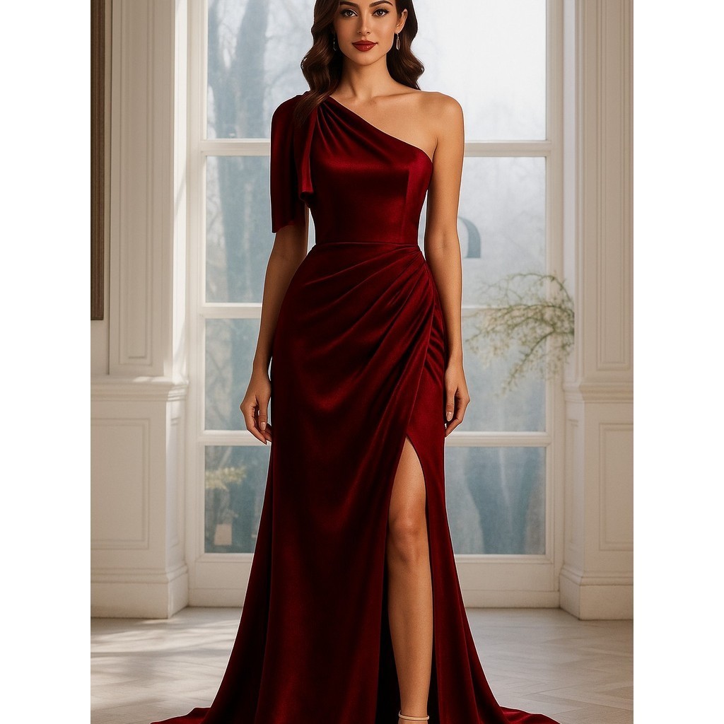 Theia Dress Pesta Gaun Wanita Satin Polos Kasual SB008 Dress Natal Bridesmaid Long Dress Maroon