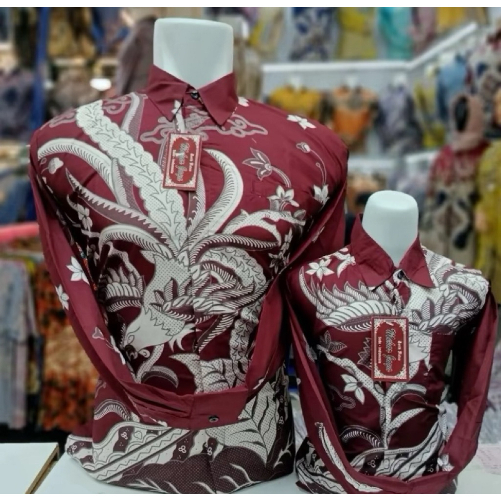BISA COD Kemeja Batik Merah Maroon Couple Ayah Anak Atasan Pria Lengan Panjang Seragam Kantor/Keluar