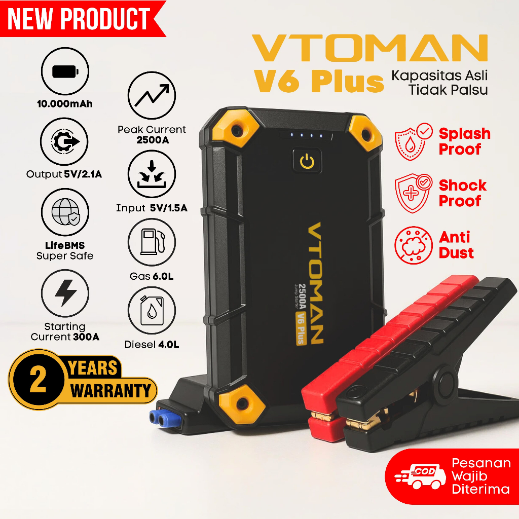 VTOMAN V6 PLUS 10000 mAh Jump Starter Aki Mobil Motor Power Bank Jumper Aki 12 Volt Alat Jamper Aki 