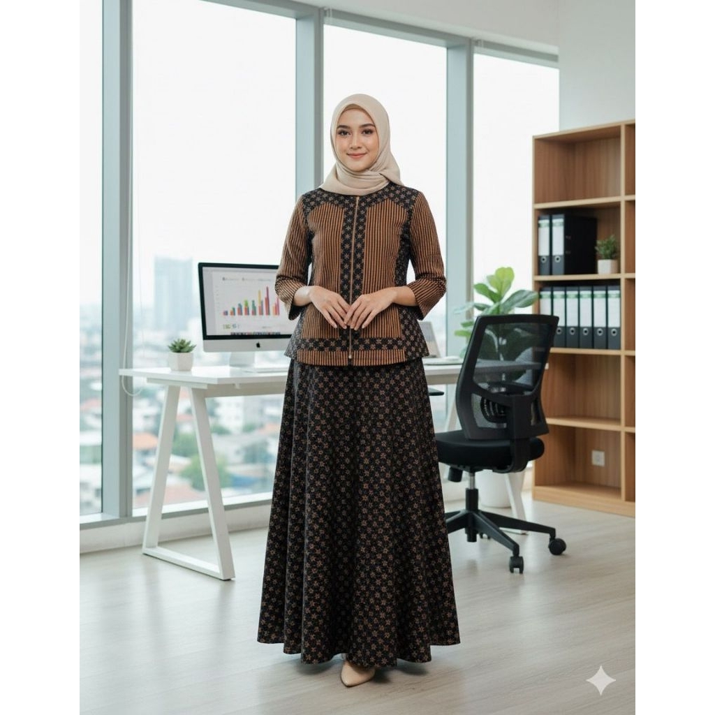 SETELAN BATIK SOGAN KATUN | atasan rok batik wanita kerja