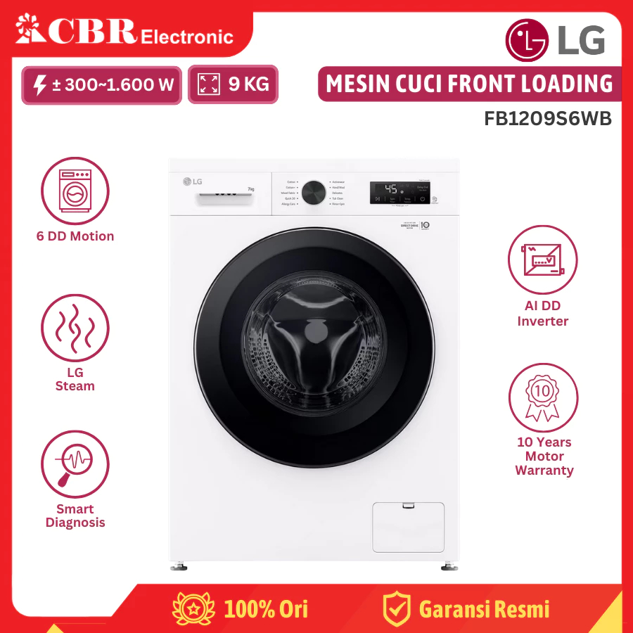 Mesin Cuci LG Front Loading 9KG FB1209S6WB / Steam - Inverter