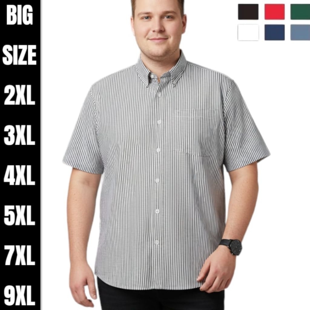 Kemeja Pria Jumbo Lengan Pendek Hem Salur Stripe Garis garis Big size Premium