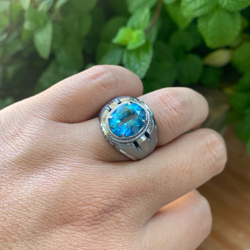 Cincin Batu Swiss Blue Elektrik Natural Topaz IRR HQ Ring Monel Doff Handmade Size 9