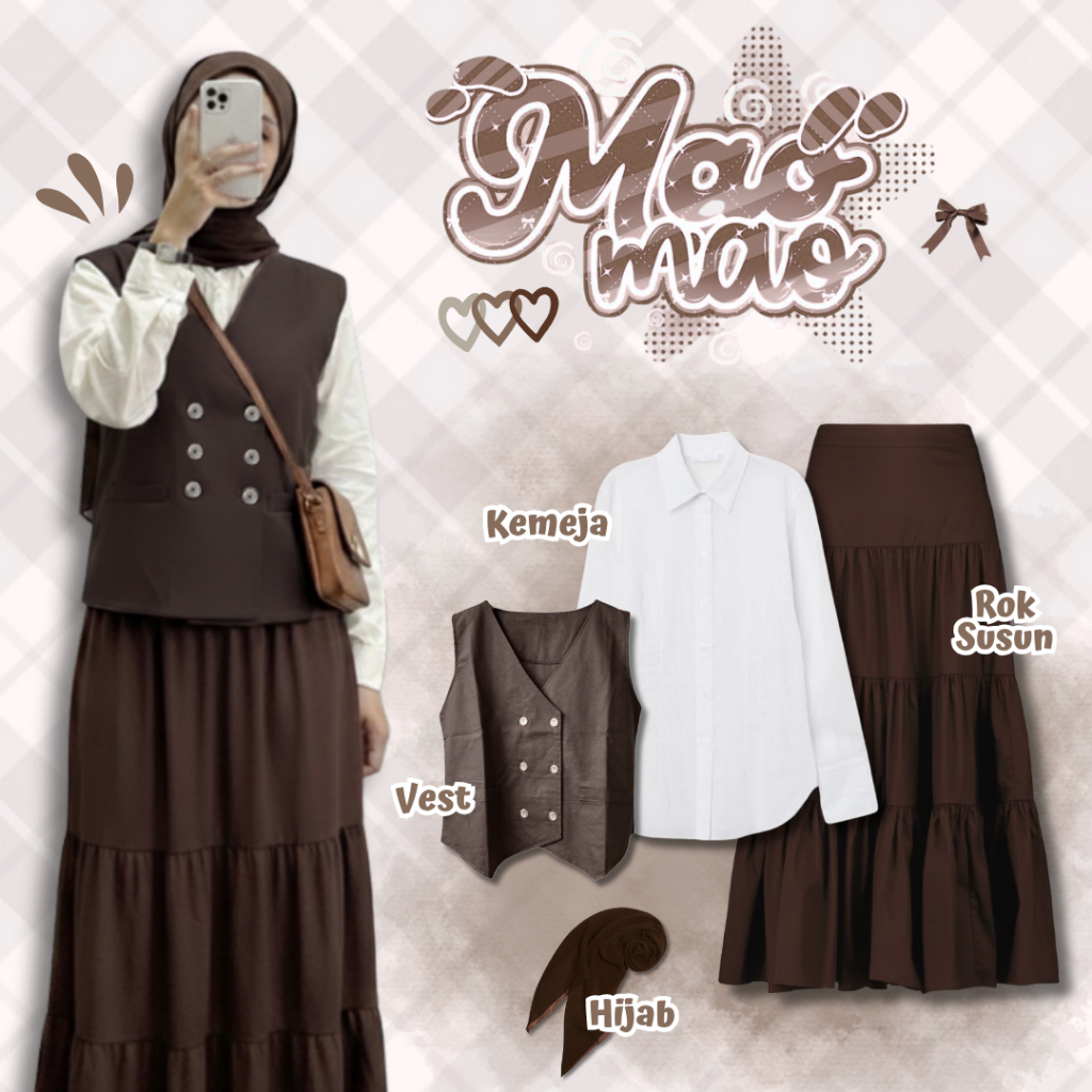 One Set Hijab Retro Vintage ( Vest Katun Brownies + Kemeja Basic Putih Polos + Rok Susun Ruffle Cokl